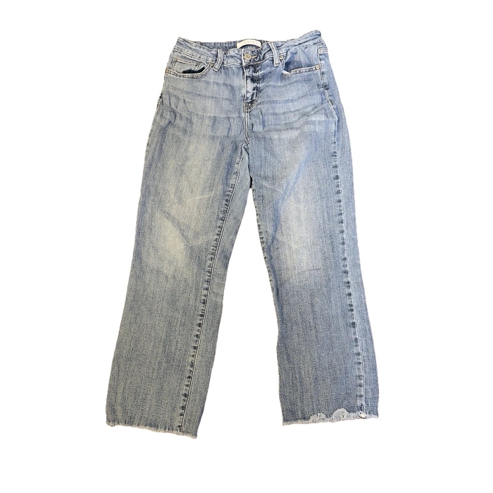 Eunina Women's Mid Rise Bootcut Blue Denim‎ Jeans Stretch 5-Pocket Raw Hem Sz 28 - Picture 2 of 14
